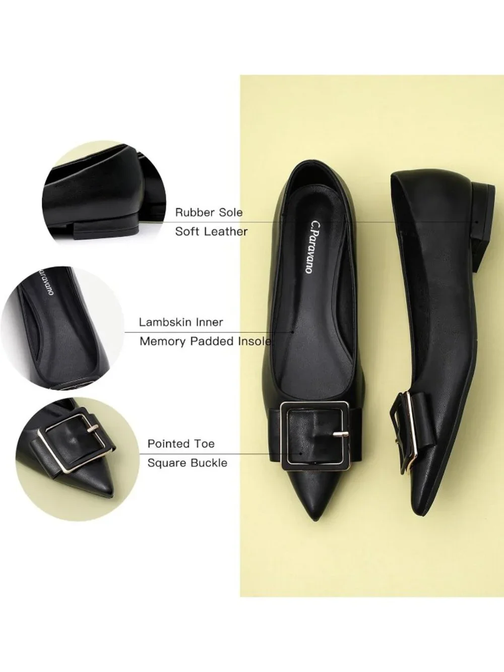 Women's Black Pointed Toe Square Buckle Flats Elegant Slip-On Comfortable Shoes
